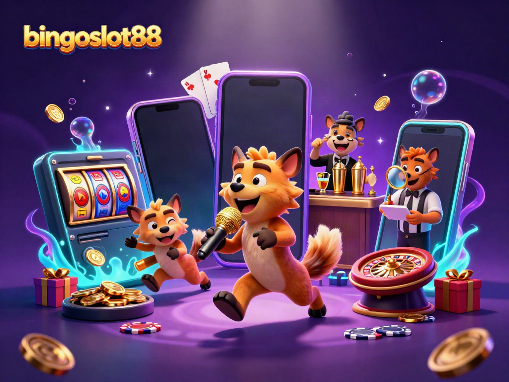 Visualisasi bingoslot88 dengan pelawak, bartender, dan pengawal hewan hyena pada klub kasino.