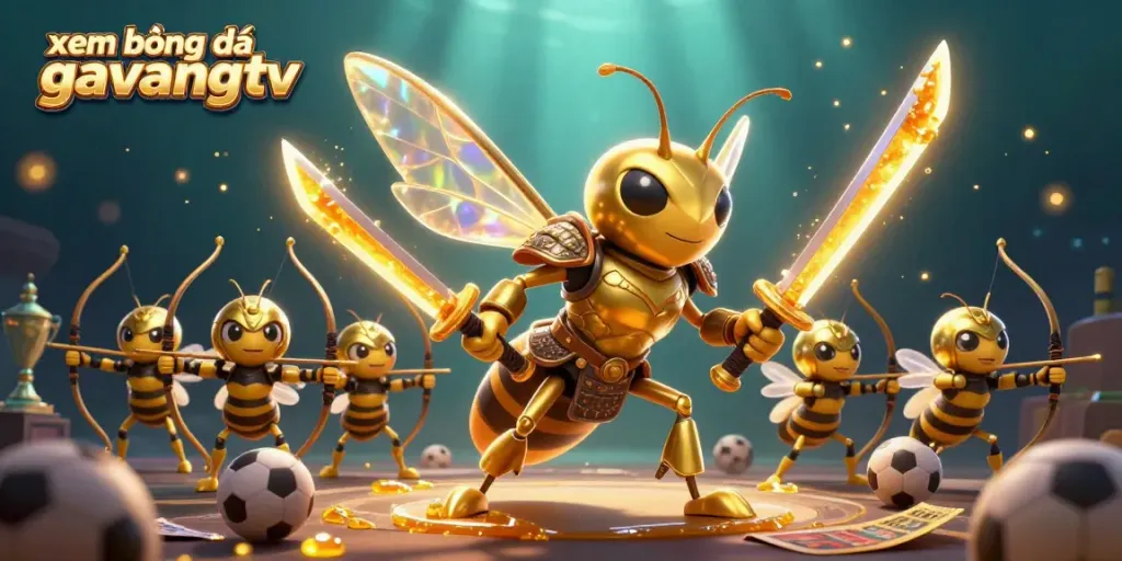 View the dynamic sports betting scene featuring xem bóng đá gavangtv with gold hornet and archers amidst sports elements.