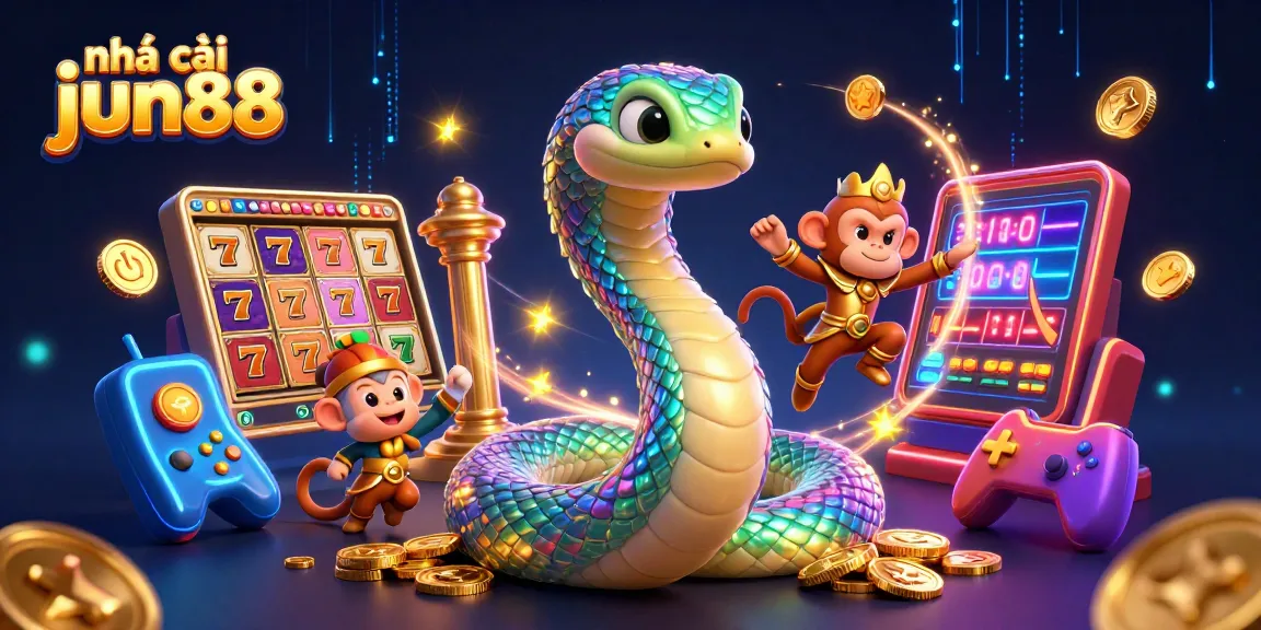 Experience the vibrant scene of nhà cái jun88 with a magical rainbow serpent and treasure-filled slot reels.