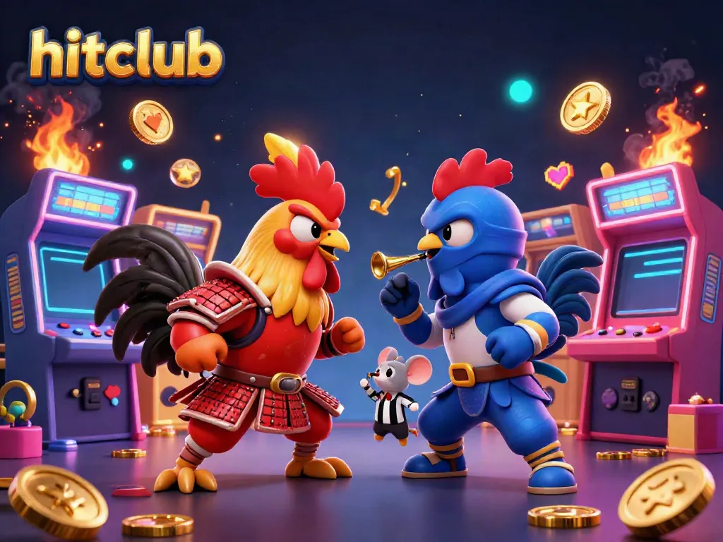 The hitclub experience showcases samurai and ninja roosters in a dynamic gaming showdown with colorful casino elements.