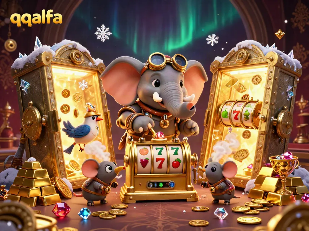 Permainan slot qqalfa dengan gajah steampunk dan burung mekanik di latar belakang harta karun.