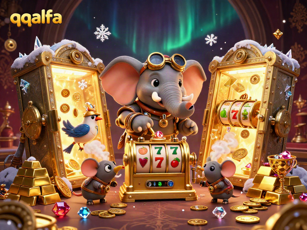 Permainan slot qqalfa dengan gajah steampunk dan burung mekanik di latar belakang harta karun.