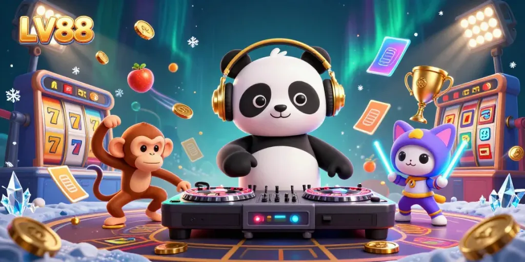 LV88 showcases a vibrant gaming scene with a DJ panda and dynamic casino symbols, representing excitement.