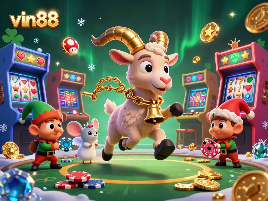 Engage with vin88 in a dynamic holiday-horror casino scene featuring vibrant gaming elements.