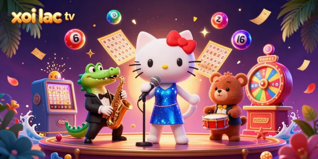 Experience the vibrant excitement of xoi lac tv with dynamic illustrations of casino elements and lively characters.
