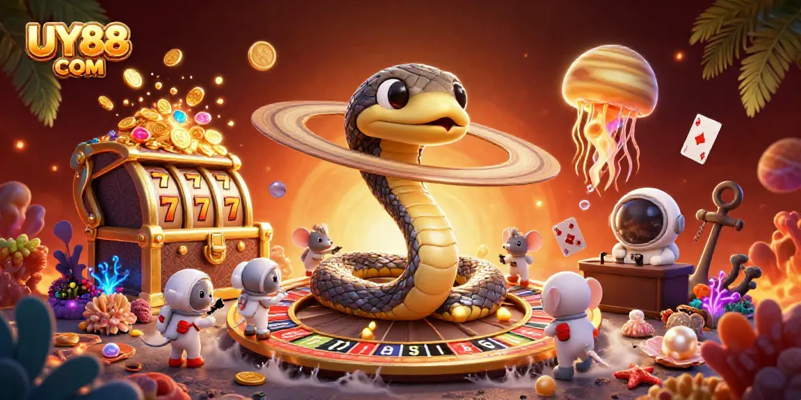 Place bets with UY88 COM while a cosmic dealer floats by, surrounded by bidding astronaut mice and treasure.