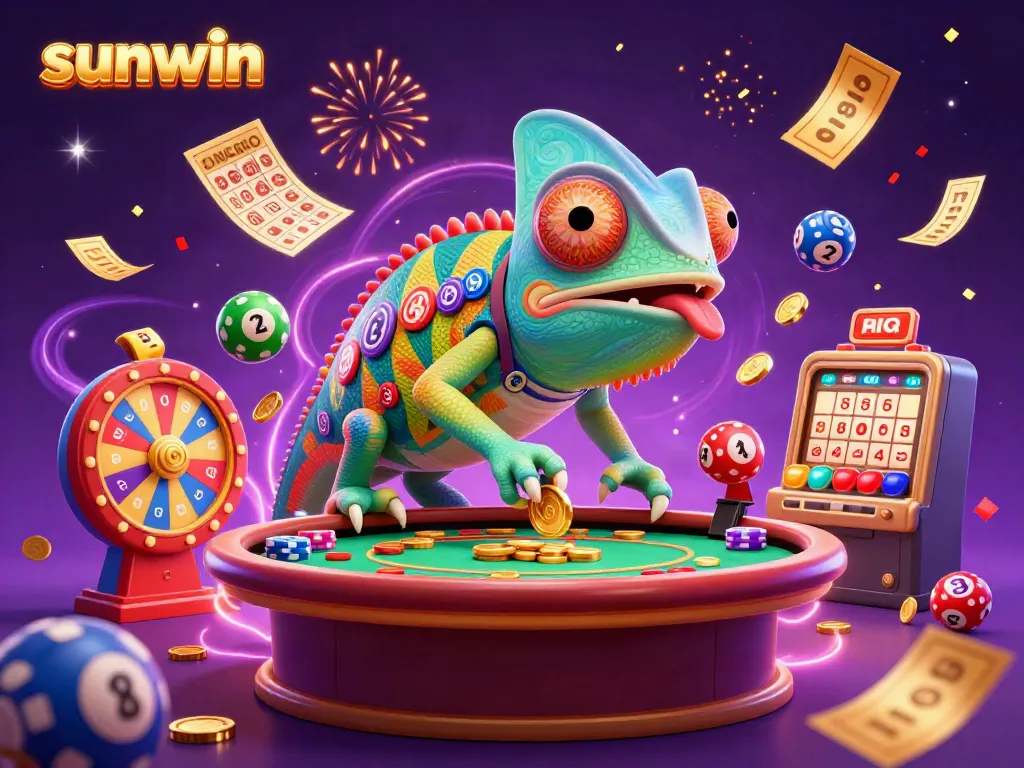 Experience the vibrant world of sunwin with a dynamic casino scene featuring a colorful chameleon and gaming elements.