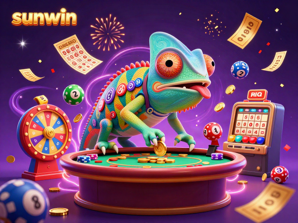 Experience the vibrant world of sunwin with a dynamic casino scene featuring a colorful chameleon and gaming elements.