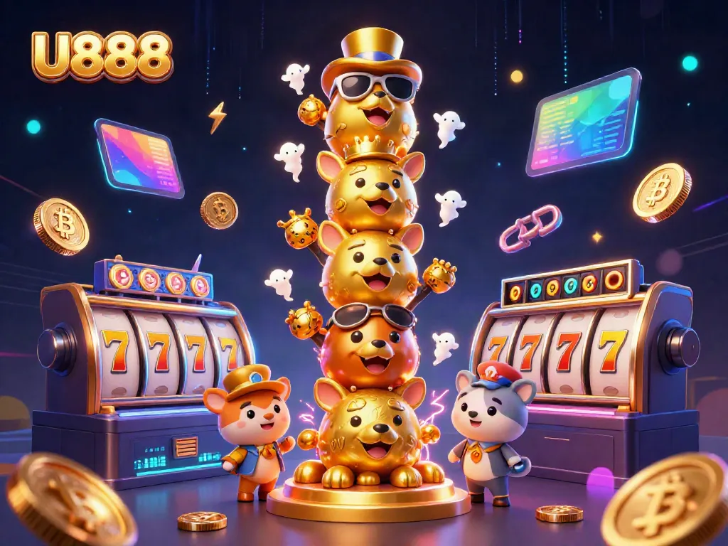Experience thrilling slots and crypto games at U888 in an energetic 3D casino illustration.