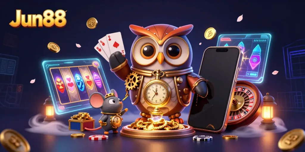 Experience Jun88 with vibrant gaming elements in an engaging 3D illustration featuring a time-traveler owl.