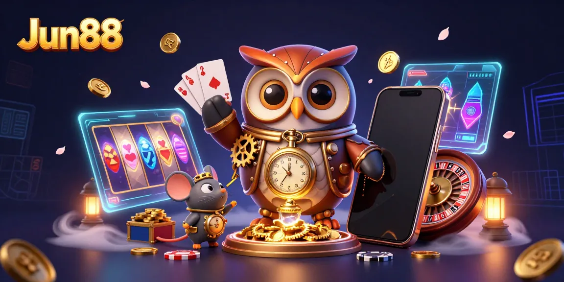 Experience Jun88 with vibrant gaming elements in an engaging 3D illustration featuring a time-traveler owl.