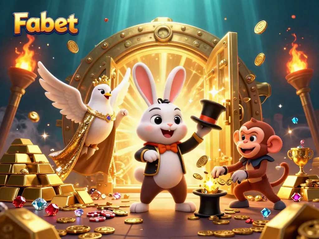 Experience the magic of Fabet with a whimsical illustration featuring a rabbit and dove in a vibrant casino scene.