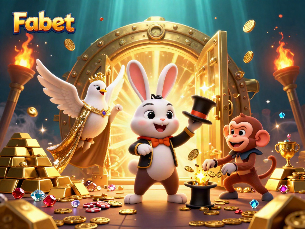 Experience the magic of Fabet with a whimsical illustration featuring a rabbit and dove in a vibrant casino scene.