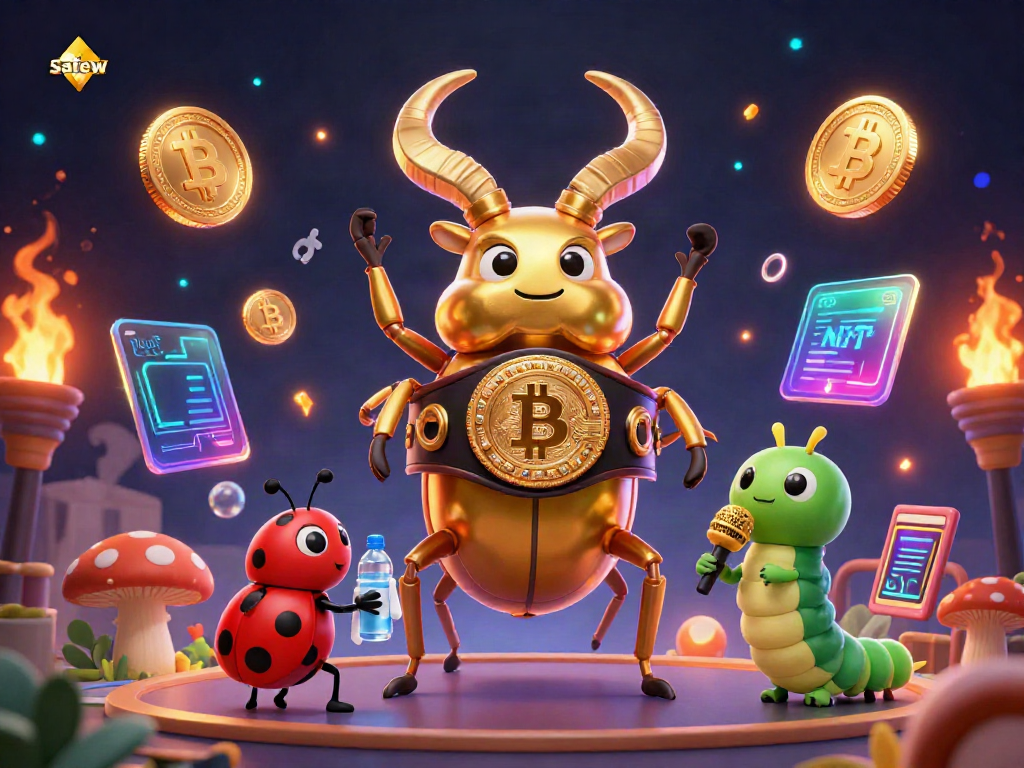 Experience the exciting world of safew with a 3D illustration of a fierce beetle boxing, crypto coins, and vibrant visuals.