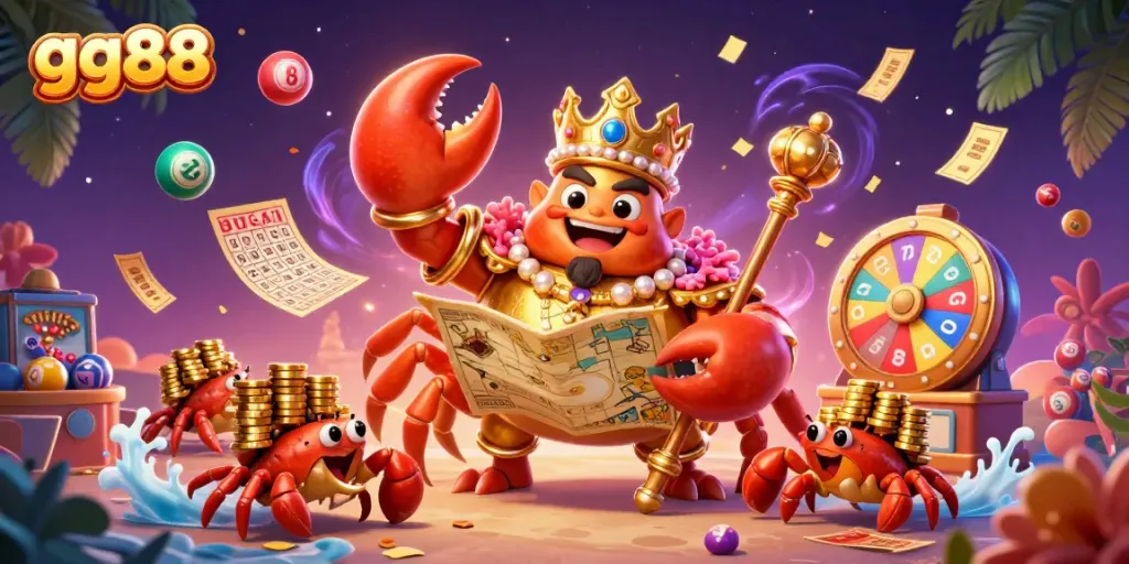 Engage with gg88 in a vibrant 3D illustration featuring a golden crab emperor, treasure map, and dynamic gaming elements