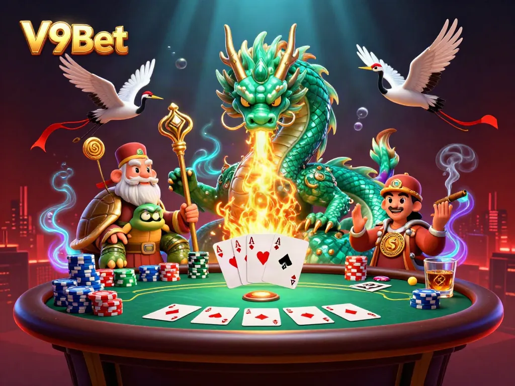 V9Bet's dynamic gaming scene showcasing a jade dragon, wise sage, and lucky cranes amidst poker elements.