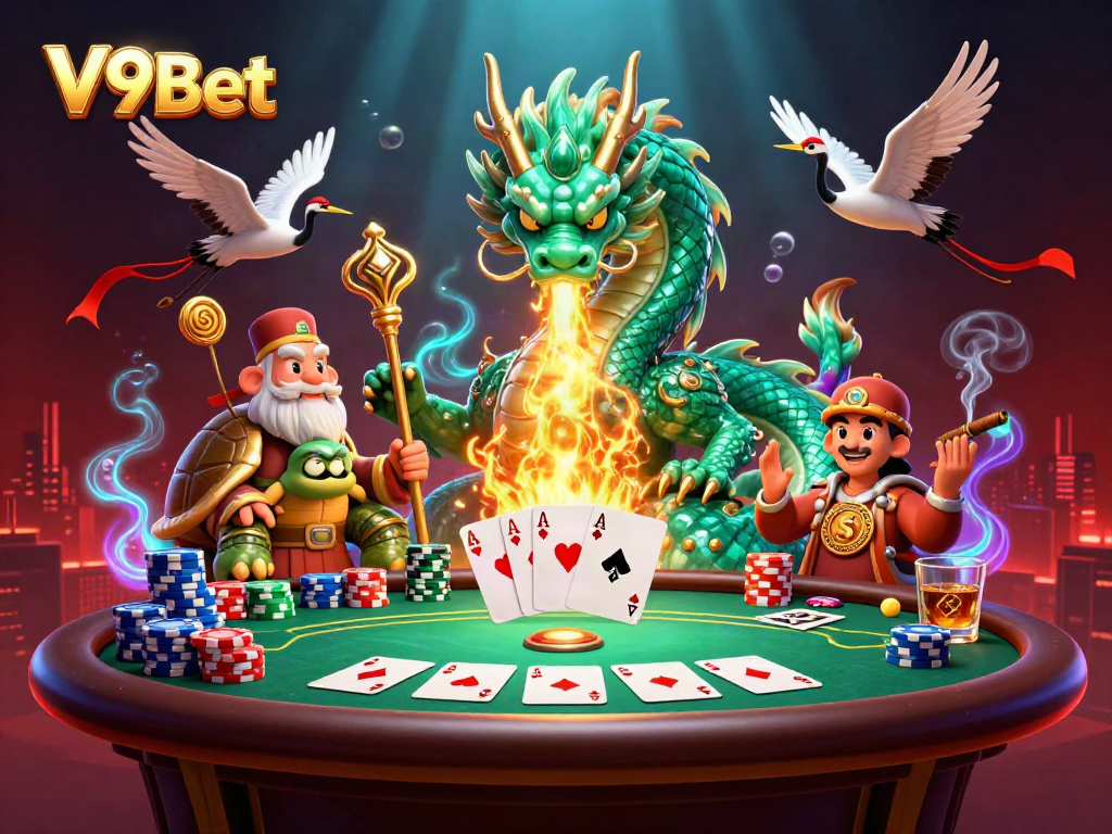 V9Bet's dynamic gaming scene showcasing a jade dragon, wise sage, and lucky cranes amidst poker elements.
