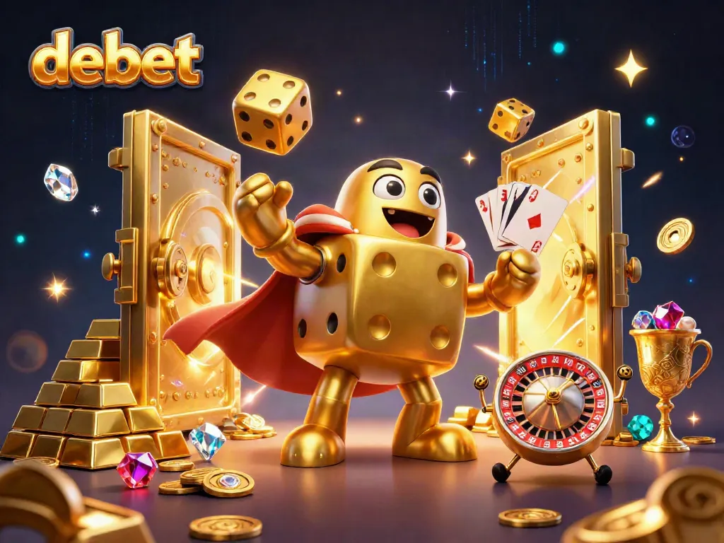 Experience thrilling casino action with vibrant debet-themed characters amidst sparkling treasures.