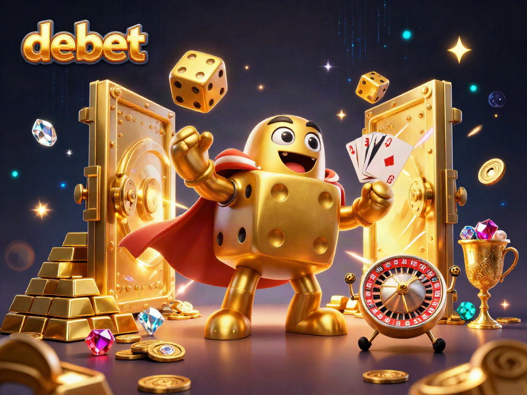 Experience thrilling casino action with vibrant debet-themed characters amidst sparkling treasures.