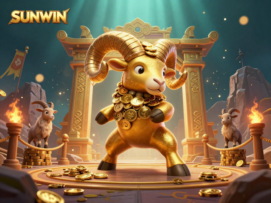 SUNWIN showcases a dynamic gambling scene with a golden ram charging through a casino-themed arena filled with coins and betting tokens.