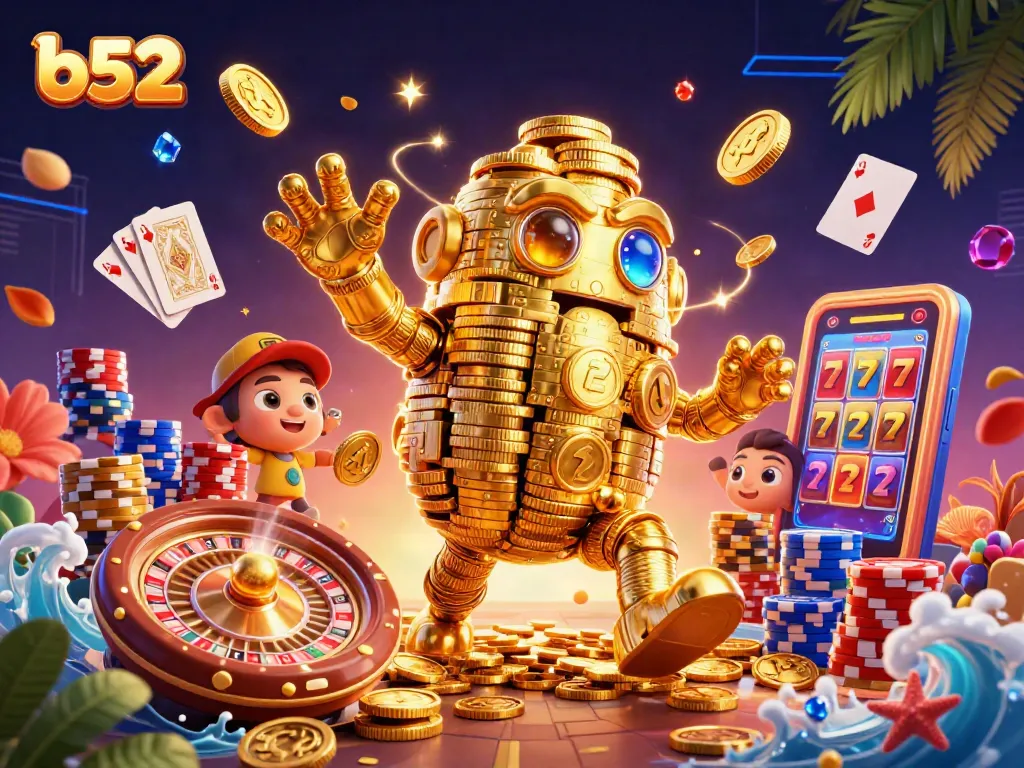 Engage with b52 gaming thrills through vibrant casino visuals featuring a golden golem and dynamic slots.