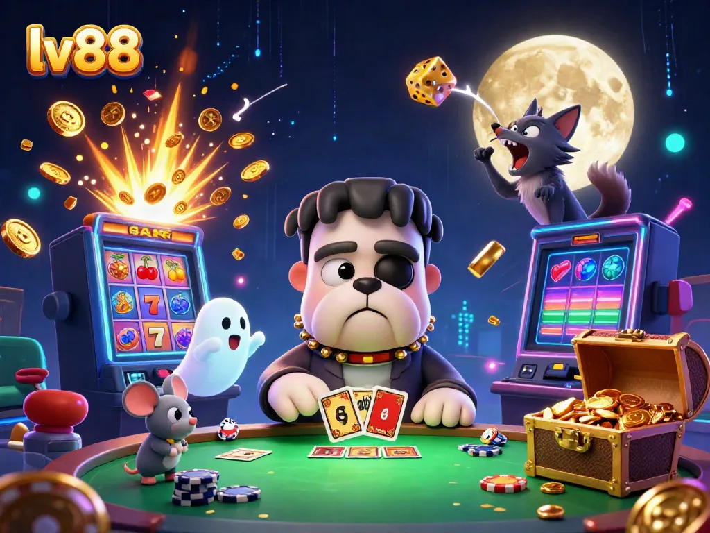 Engaging lv88 casino scene featuring a unique bulldog monster dealing cards amidst vibrant game elements