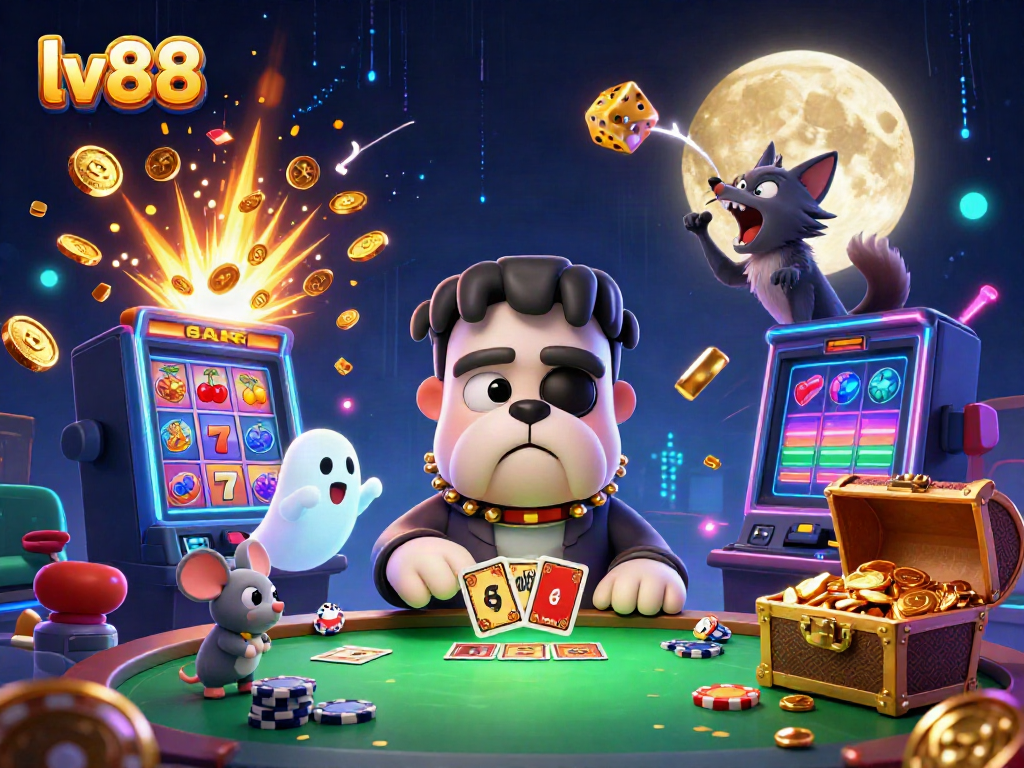 Engaging lv88 casino scene featuring a unique bulldog monster dealing cards amidst vibrant game elements